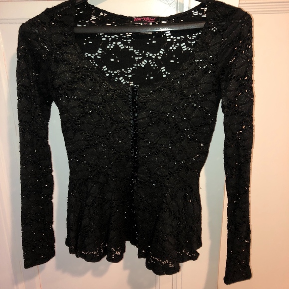 Betsey Johnson Tops - Betsey Johnson Black Lace Top with gold flicks.